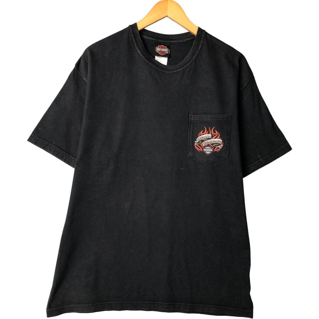 00'S Harley-Davidson Fire Pattern Motorcycle Bike T-Shirt Made in USA Men's L size cotton black type Vintage Second Hand
