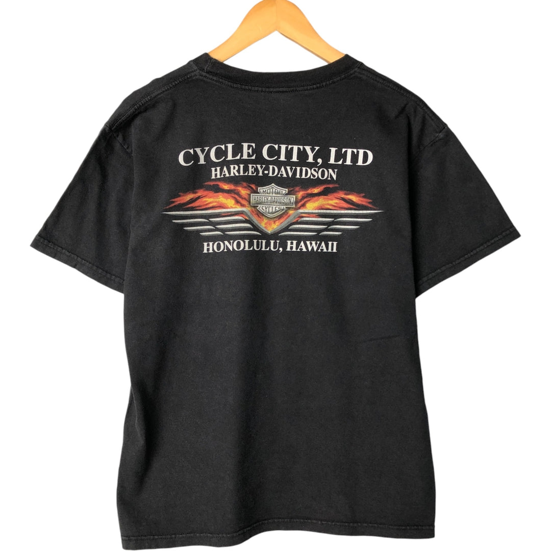 00'S Harley-Davidson Fire Pattern Motorcycle Bike T-Shirt Men's M cotton black type Vintage Second Hand