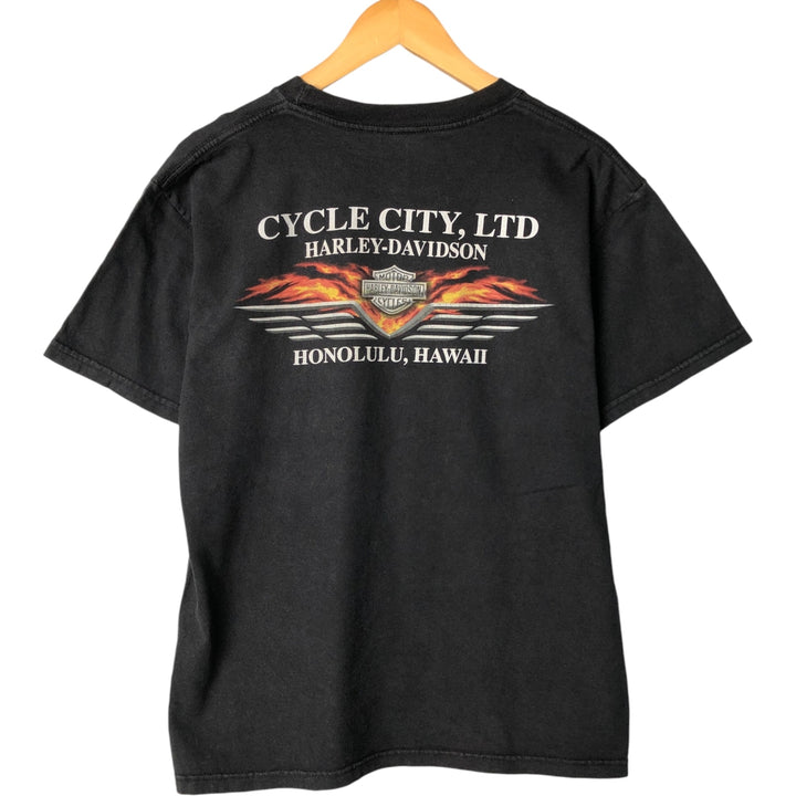 00'S Harley-Davidson Fire Pattern Motorcycle Bike T-Shirt Men's M cotton black type Vintage Second Hand