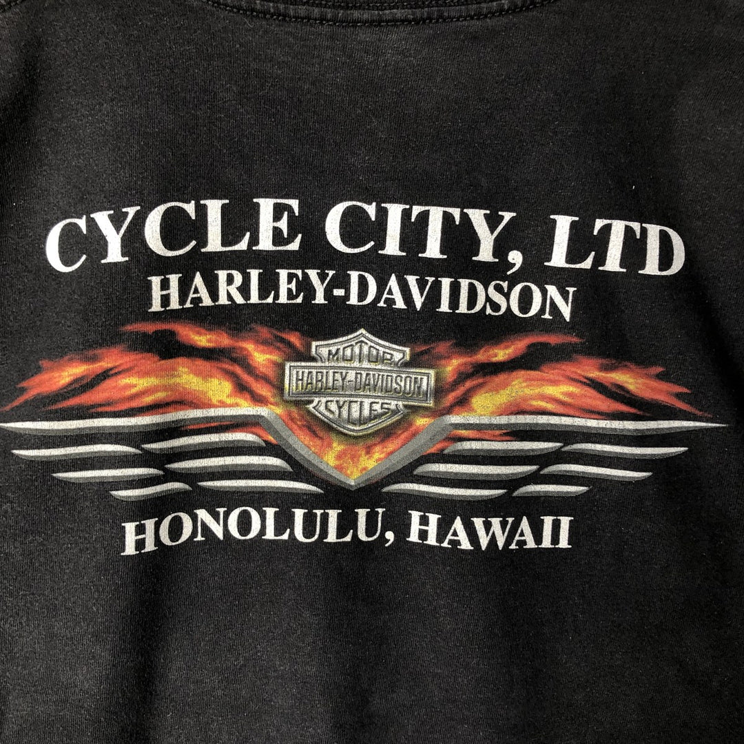 00'S Harley-Davidson Fire Pattern Motorcycle Bike T-Shirt Men's M cotton black type Vintage Second Hand