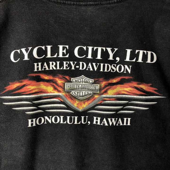 00'S Harley-Davidson Fire Pattern Motorcycle Bike T-Shirt Men's M cotton black type Vintage Second Hand
