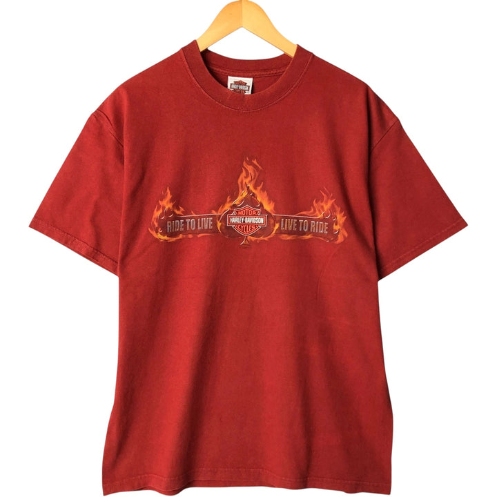 00'S Harley-Davidson Fire Pattern Motorcycle Bike T-Shirt Made in USA Men's L size cotton red type Vintage Second Hand