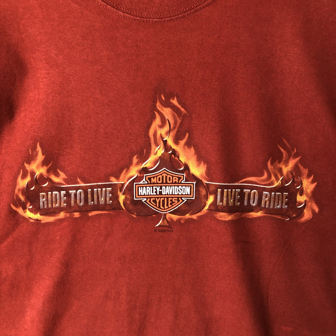 00'S Harley-Davidson Fire Pattern Motorcycle Bike T-Shirt Made in USA Men's L size cotton red type Vintage Second Hand