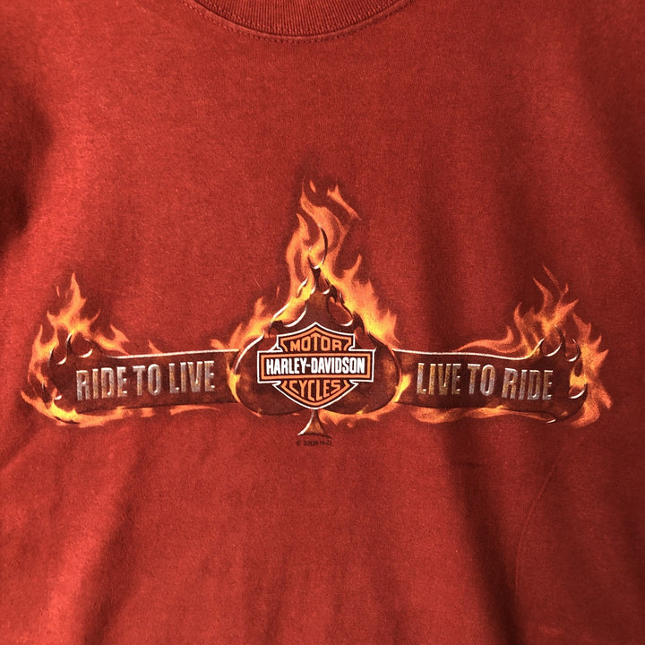 00'S Harley-Davidson Fire Pattern Motorcycle Bike T-Shirt Made in USA Men's L size cotton red type Vintage Second Hand