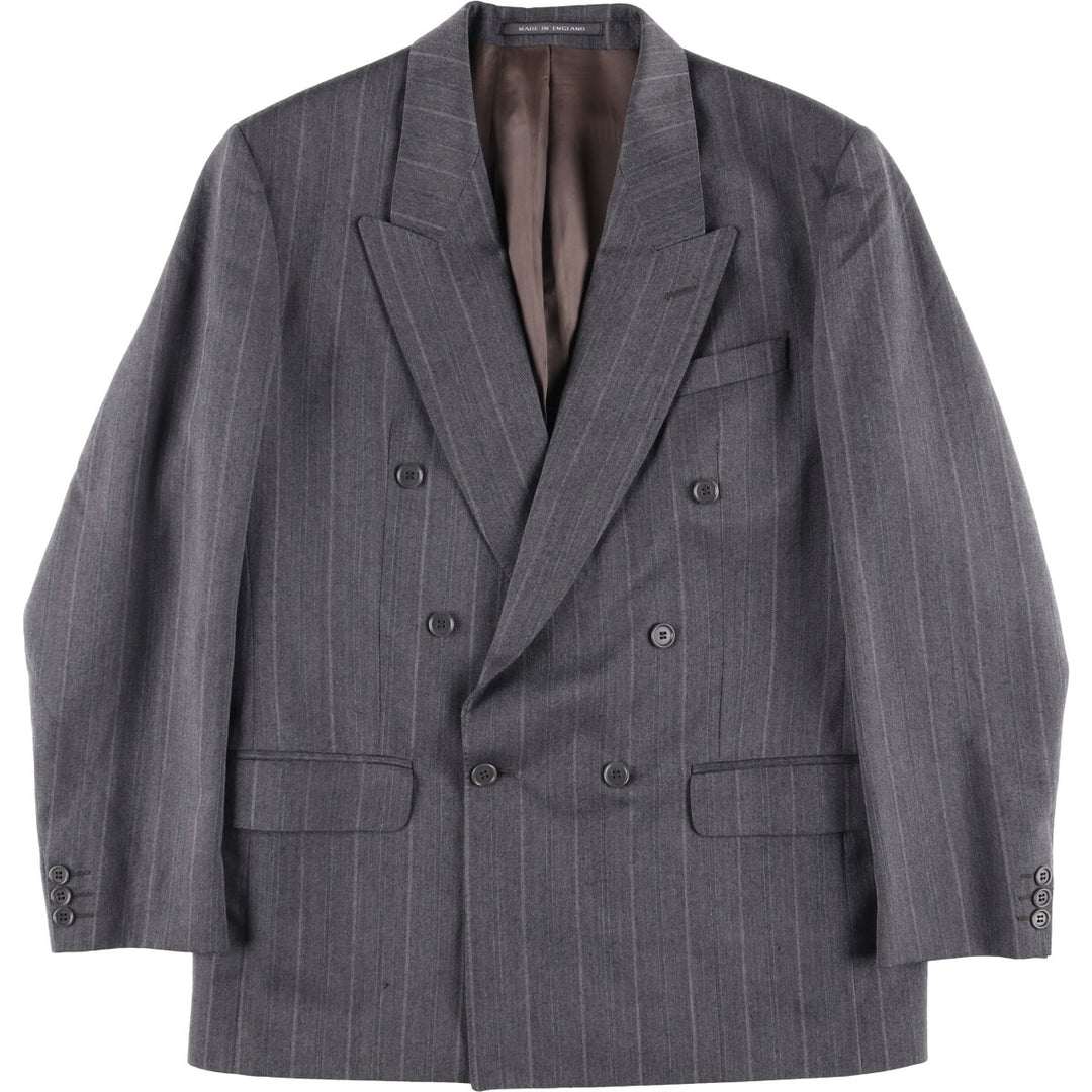 Pin Stripe Stripe Pattern Double-Breasted Peak Lapel Herringbone Wool Tailored Jacket, Made in the UK, Men's Size Medium wool gray type Vintage Second Hand