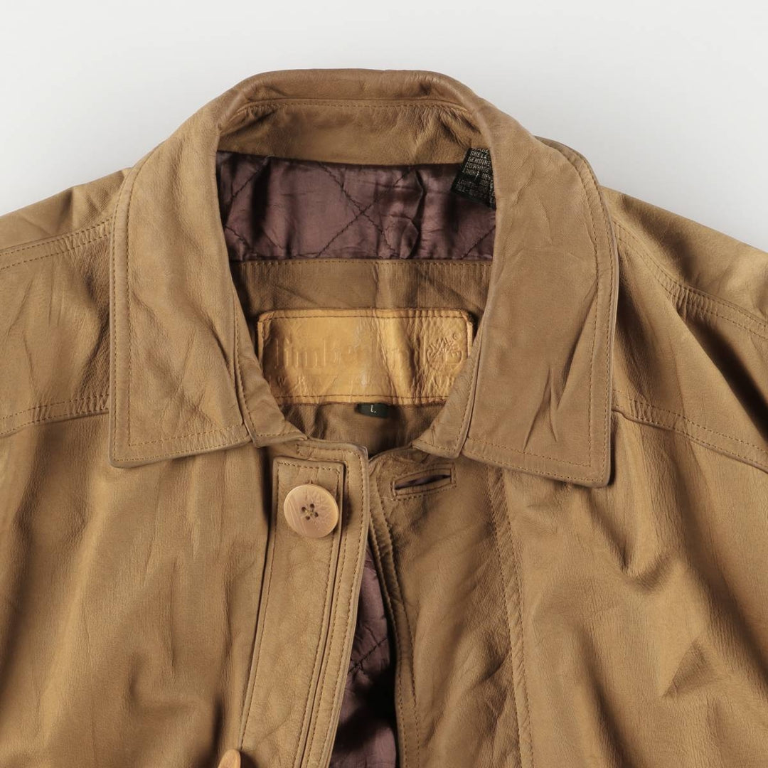 90s-00'S Timberland WEATHERGEAR Leather Long Coat, Men's Size L genuine leather beige type brown Vintage Second Hand