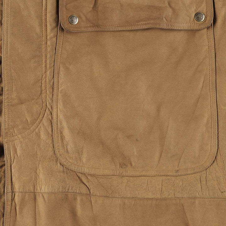 90s-00'S Timberland WEATHERGEAR Leather Long Coat, Men's Size L genuine leather beige type brown Vintage Second Hand