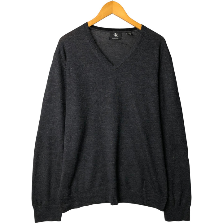 90s-00'S Calvin Klein V-neck Merino wool knit sweater, men's size XXL, vintage Merino wool Charcoal Vintage Second Hand