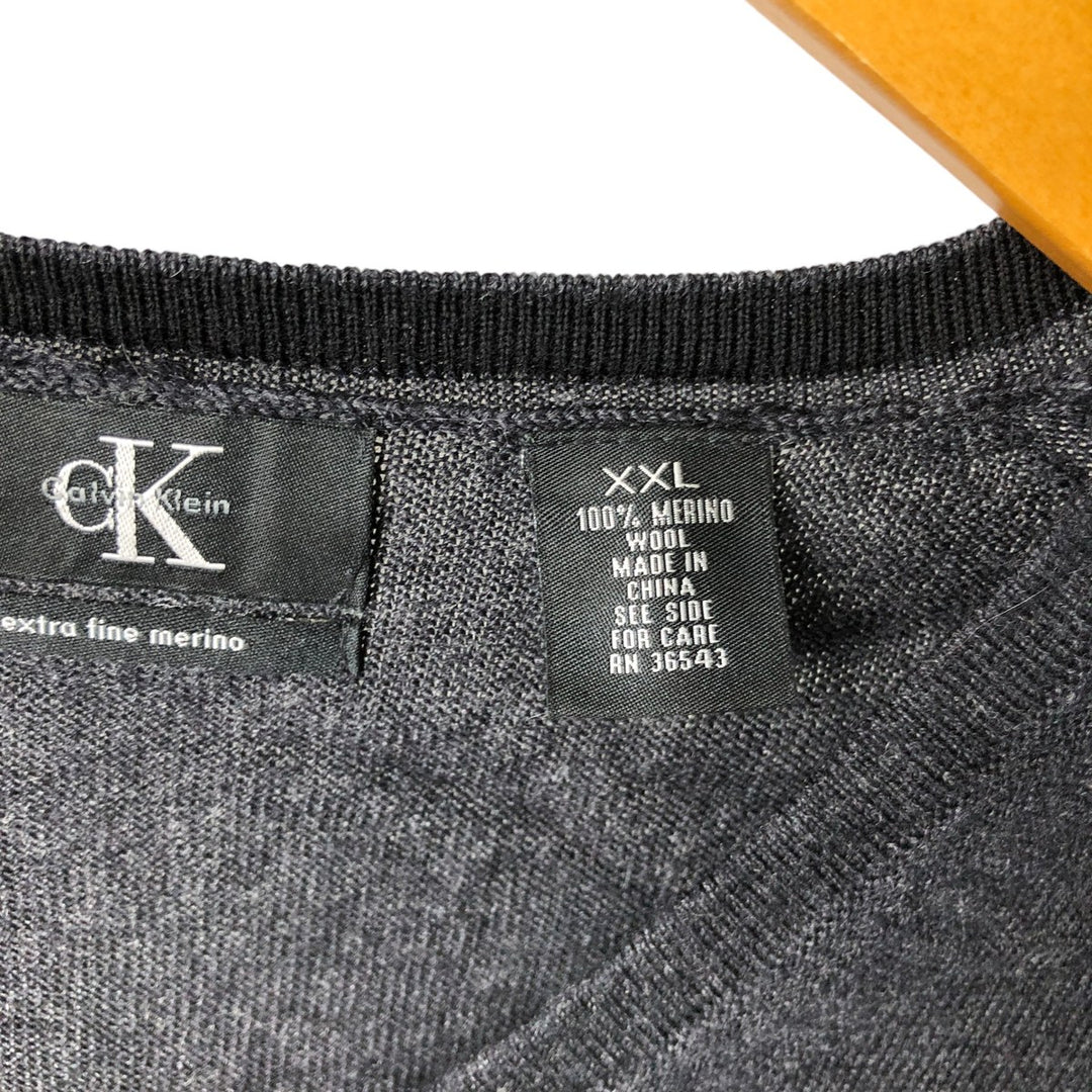 90s-00'S Calvin Klein V-neck Merino wool knit sweater, men's size XXL, vintage Merino wool Charcoal Vintage Second Hand