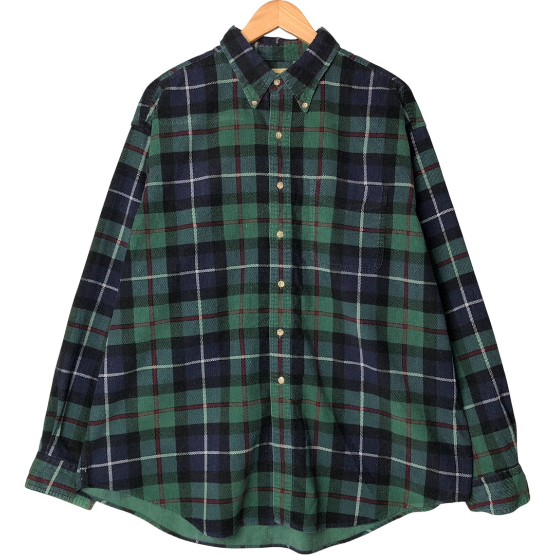 Vintage 80s-90'S LLBean Check Pattern Long Sleeve Button-Down Corduroy Shirt, Men's Size XL cotton green type Vintage Second Hand
