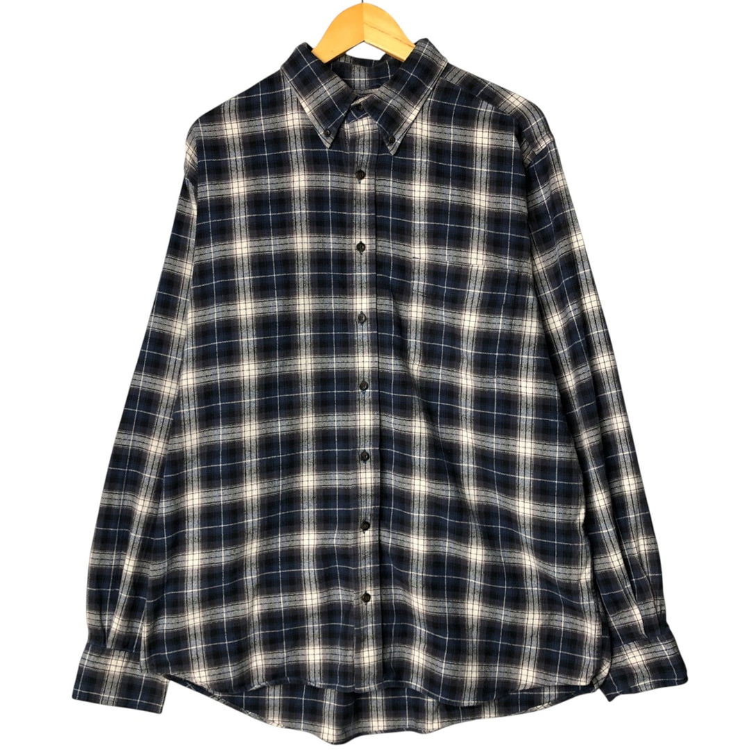 Eddie Bauer Relaxed Fit Ombre Check Long Sleeve Button-Down Flannel Check Shirt, Men's Size L cotton navy blue type Vintage Second Hand