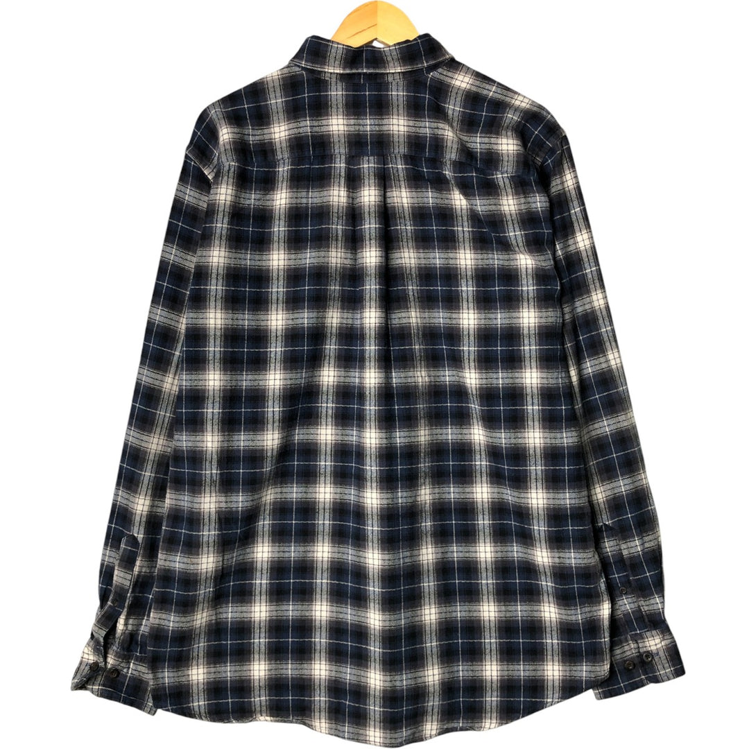 Eddie Bauer Relaxed Fit Ombre Check Long Sleeve Button-Down Flannel Check Shirt, Men's Size L cotton navy blue type Vintage Second Hand