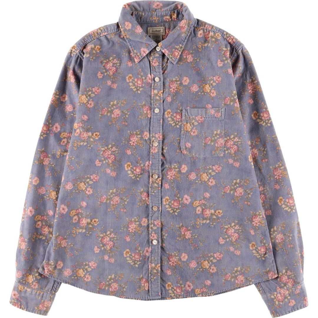 Vintage 70s-80'S LLBean floral long-sleeved corduroy shirt, size M, women's cotton Purple type blue-purple Vintage Second Hand