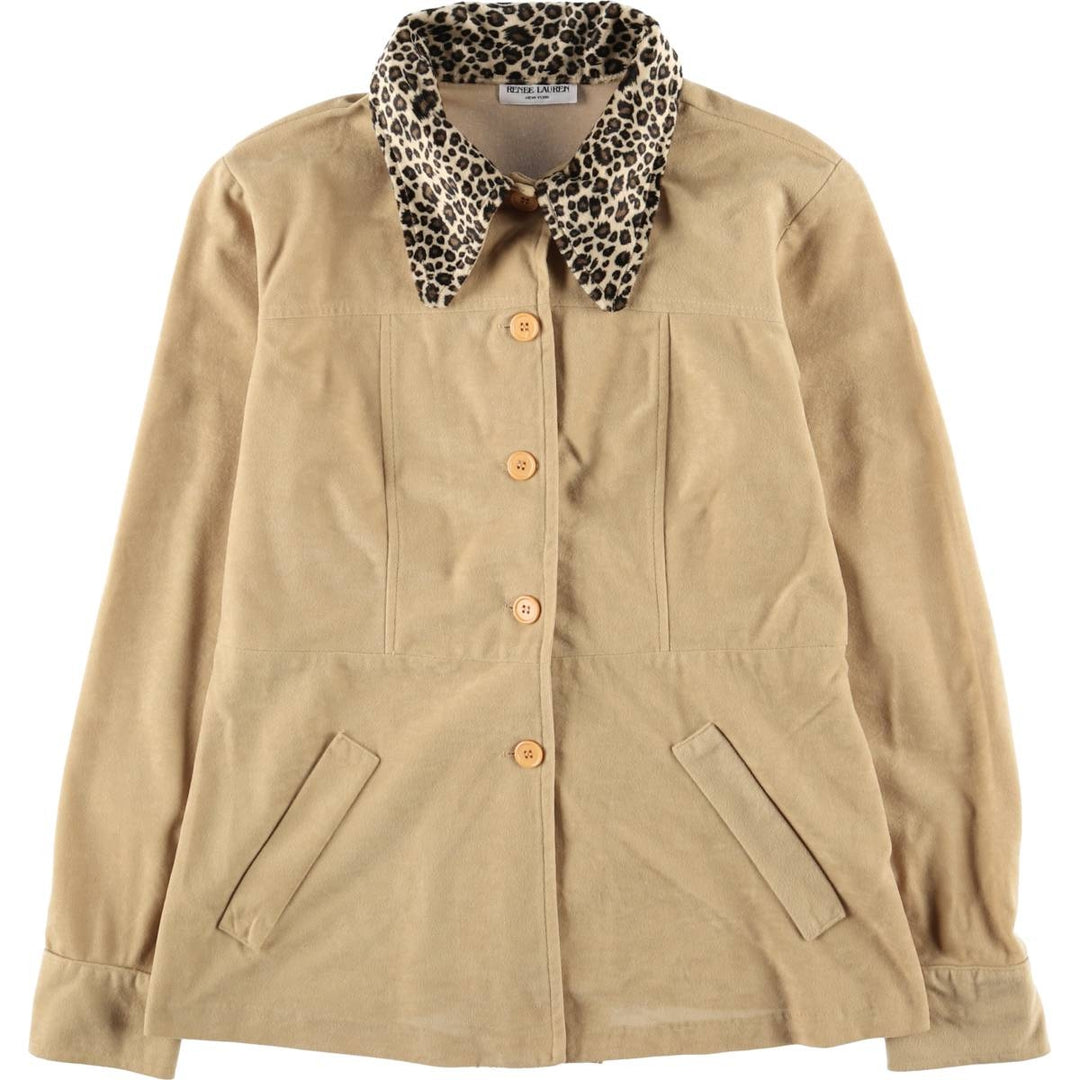 RENNE LAUREN Leopard Pattern Long Sleeve Faux Suede Shirt, Women's Size Medium unclear Beige type Vintage Second Hand
