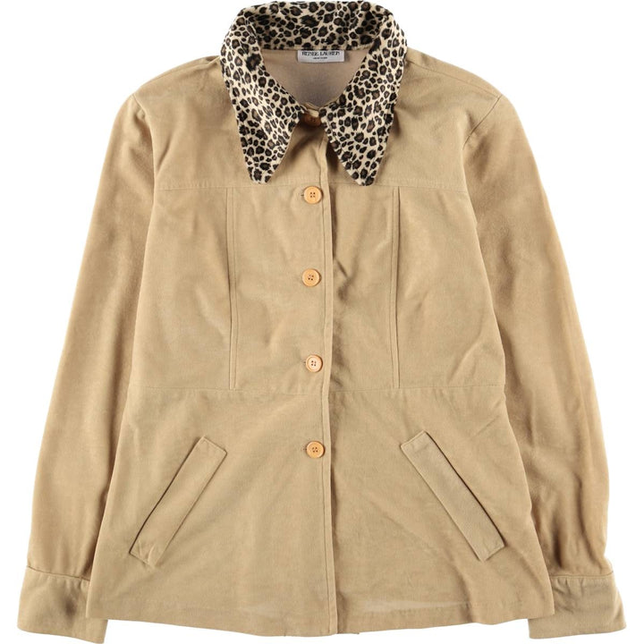 RENNE LAUREN Leopard Pattern Long Sleeve Faux Suede Shirt, Women's Size Medium unclear Beige type Vintage Second Hand