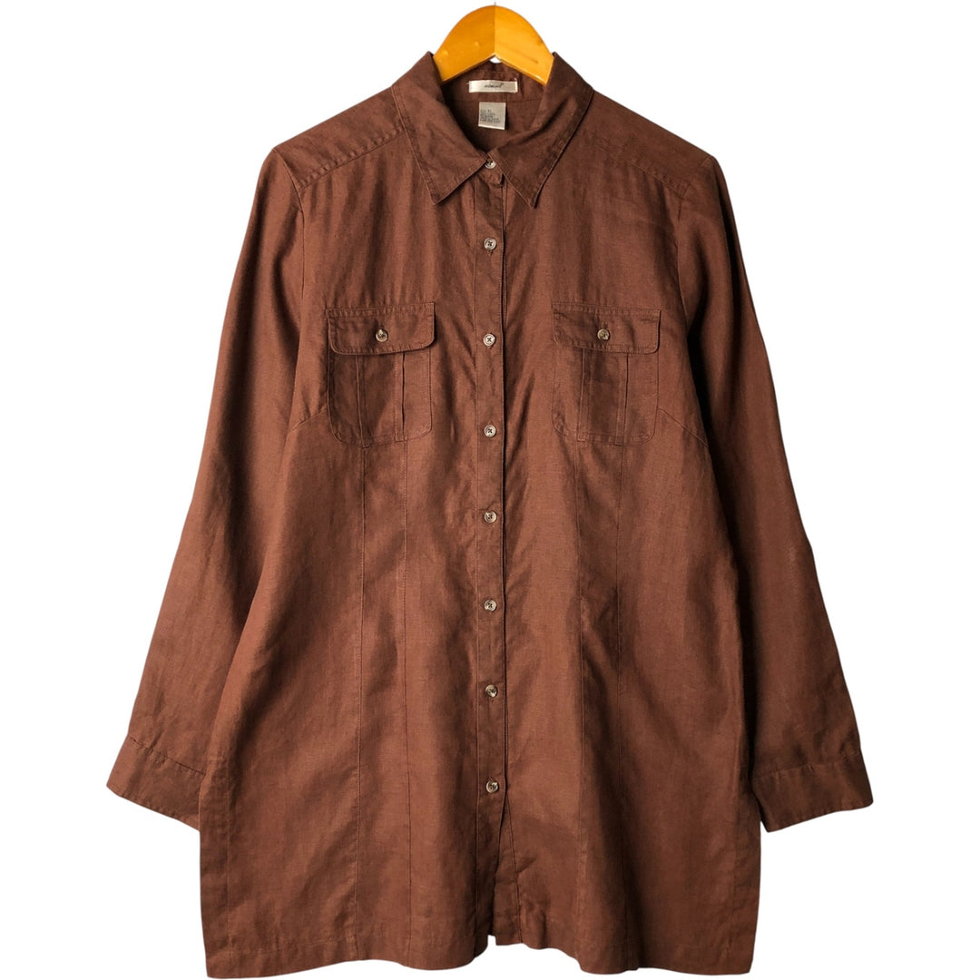 Edward long sleeve linen shirt, roll-up shirt, women's size XL linen brown type Vintage Second Hand