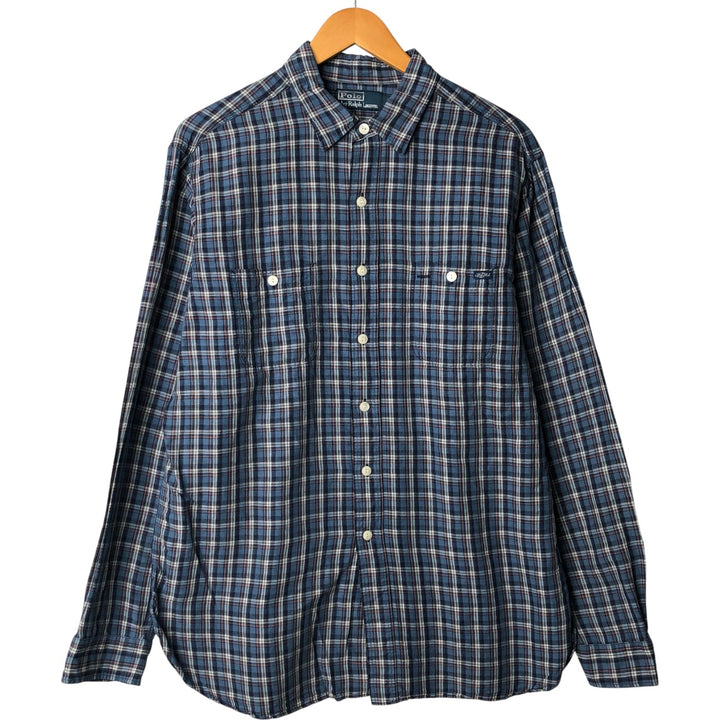 Ralph Lauren POLO by Ralph Lauren Check Pattern Long Sleeve Linen Shirt, Men's Size L linen blue type Vintage Second Hand