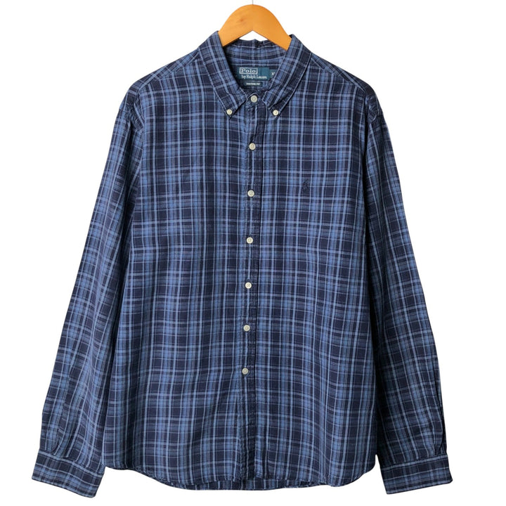 Ralph Lauren Custom Fit Check Pattern Long Sleeve Linen and Silk Button-Down Shirt, Men's XXL silk navy blue type Vintage Second Hand