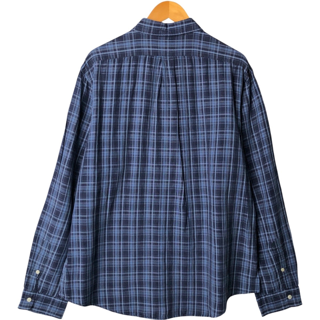 Ralph Lauren Custom Fit Check Pattern Long Sleeve Linen and Silk Button-Down Shirt, Men's XXL silk navy blue type Vintage Second Hand