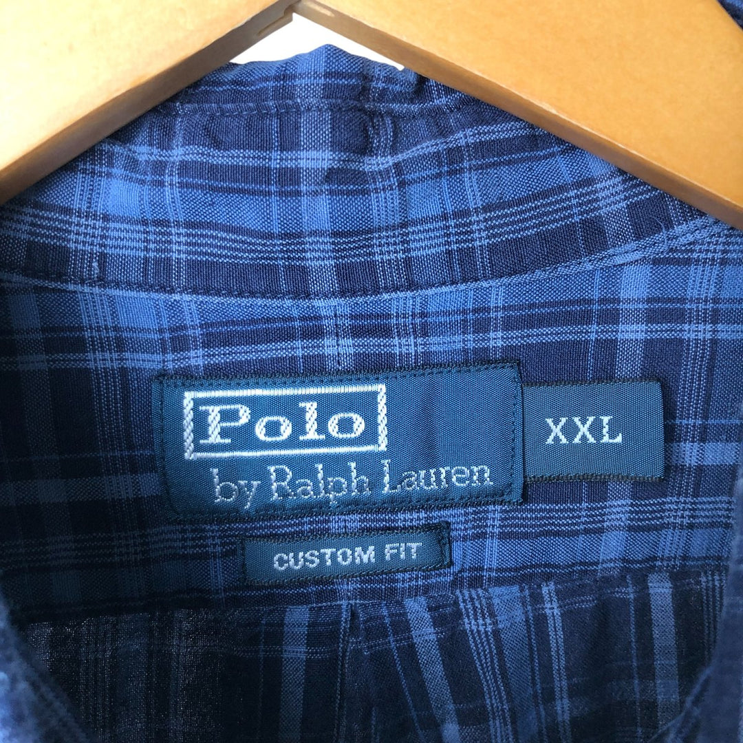 Ralph Lauren Custom Fit Check Pattern Long Sleeve Linen and Silk Button-Down Shirt, Men's XXL silk navy blue type Vintage Second Hand