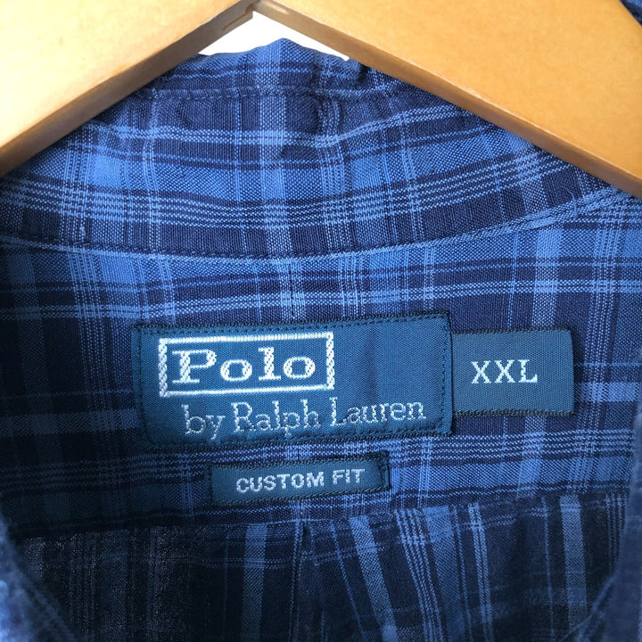 Ralph Lauren Custom Fit Check Pattern Long Sleeve Linen and Silk Button-Down Shirt, Men's XXL silk navy blue type Vintage Second Hand