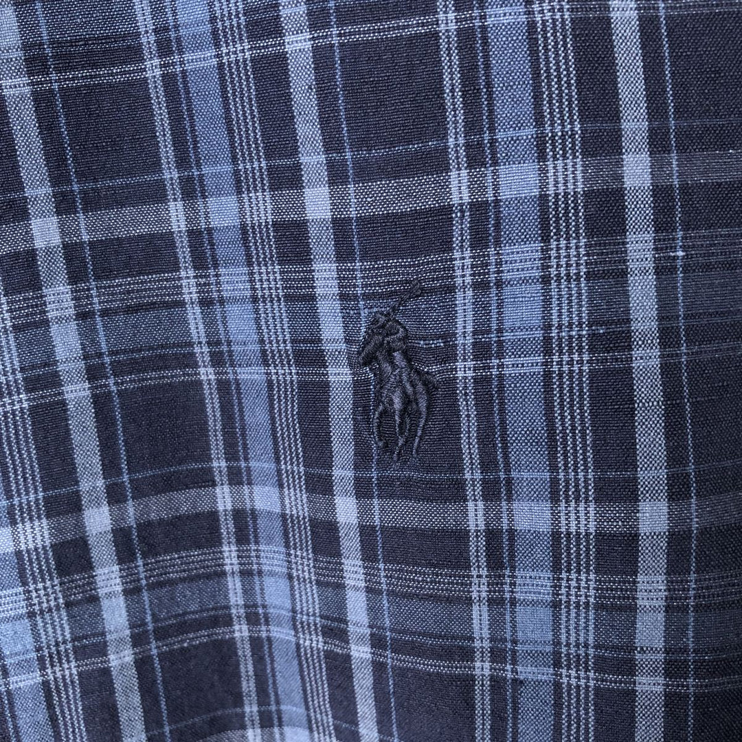 Ralph Lauren Custom Fit Check Pattern Long Sleeve Linen and Silk Button-Down Shirt, Men's XXL silk navy blue type Vintage Second Hand