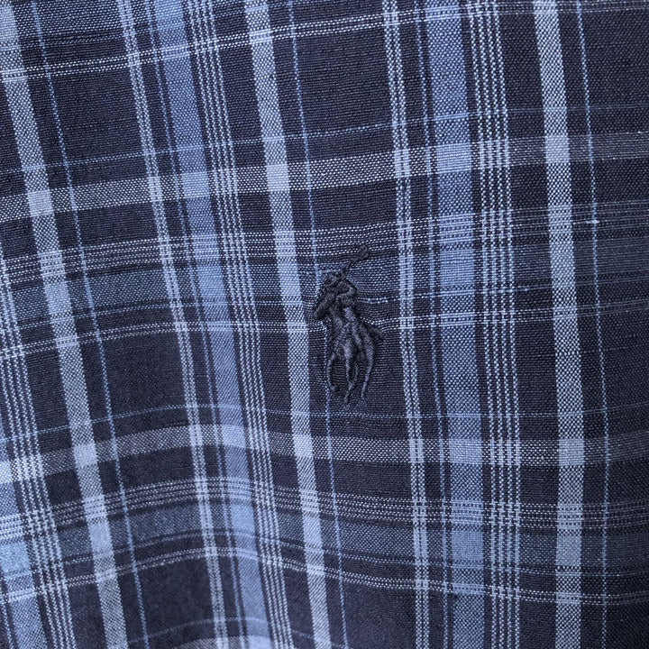 Ralph Lauren Custom Fit Check Pattern Long Sleeve Linen and Silk Button-Down Shirt, Men's XXL silk navy blue type Vintage Second Hand