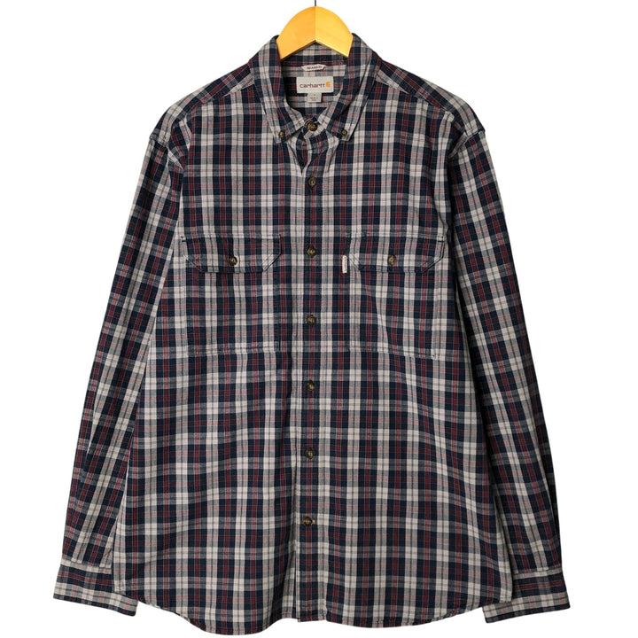 Carhartt Relaxed Fit Check Pattern Long Sleeve Button-Down Work Shirt, Men's Size L cotton navy blue type Vintage Second Hand