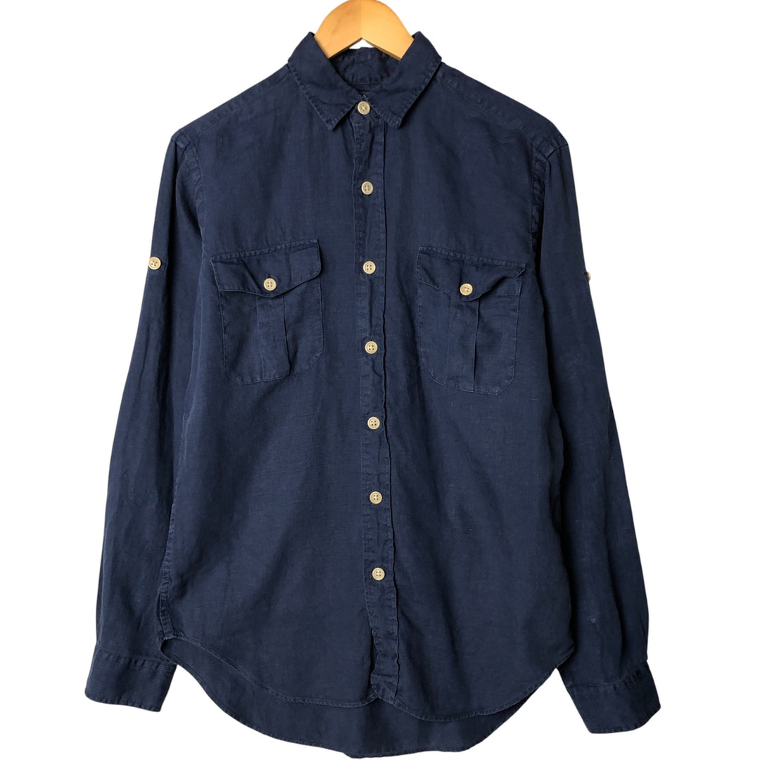 Ralph Lauren POLO by Ralph Lauren long sleeve linen button down shirt, men's size L linen navy blue type Vintage Second Hand