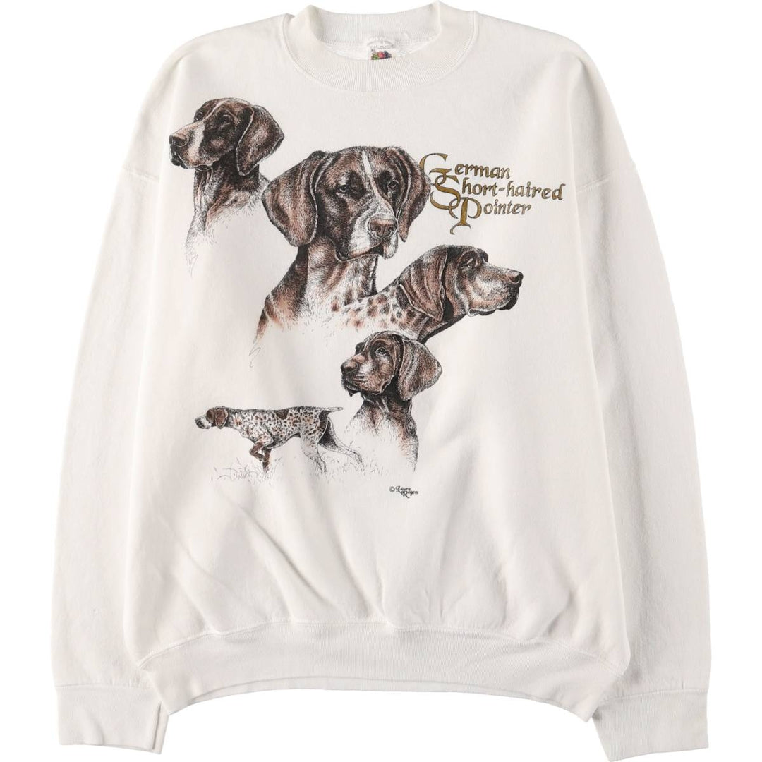 1980'S German Shorthaired Pointer Animal Sweatshirt, Made in USA, Men's Size XL cotton white type Vintage Second Hand