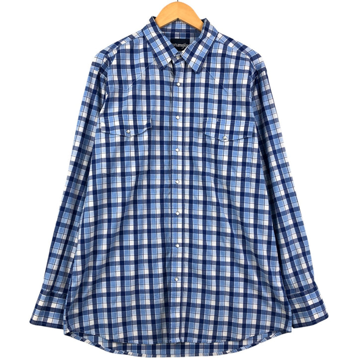 Wrangler Check Pattern Long Sleeve Western Shirt, Men's Size XL cotton blue type Vintage Second Hand