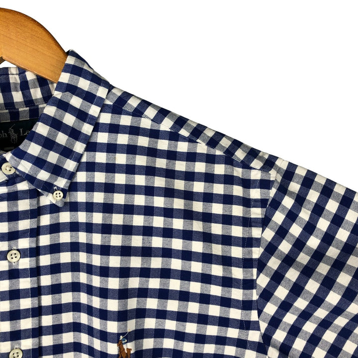 Ralph Lauren Classic Fit Gingham Check Short Sleeve Button Down Check Shirt Men's Size L cotton blue type Vintage Second Hand