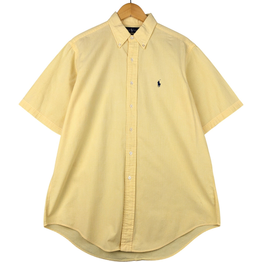 Ralph Lauren Seersucker Short Sleeve Button-Down Check Shirt, Men's Size L cotton yellow type Vintage Second Hand