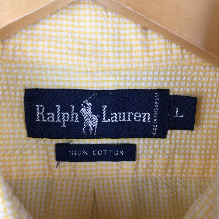 Ralph Lauren Seersucker Short Sleeve Button-Down Check Shirt, Men's Size L cotton yellow type Vintage Second Hand