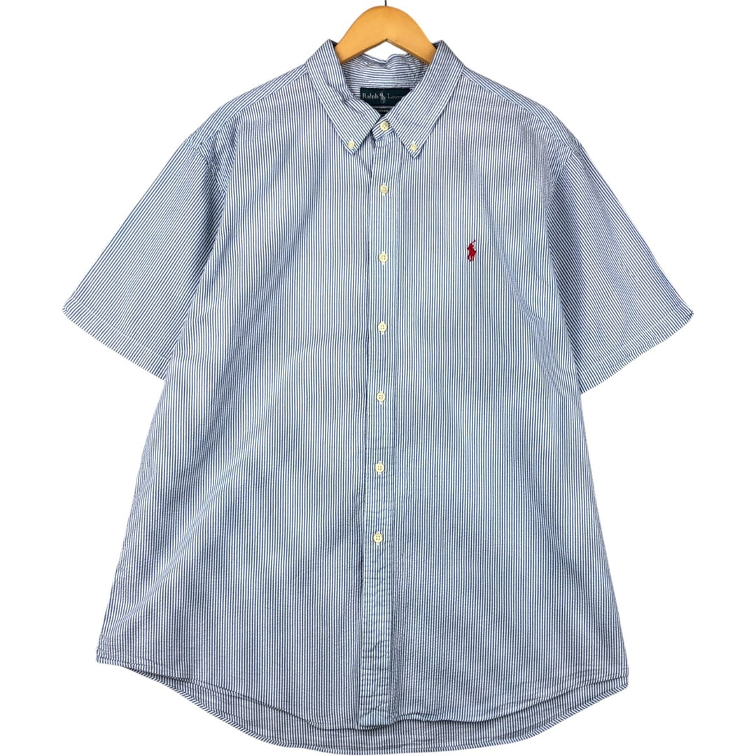 Ralph Lauren Custom Fit Seersucker Short Sleeve Button-Down Striped Shirt, Men's XXL cotton blue type Vintage Second Hand