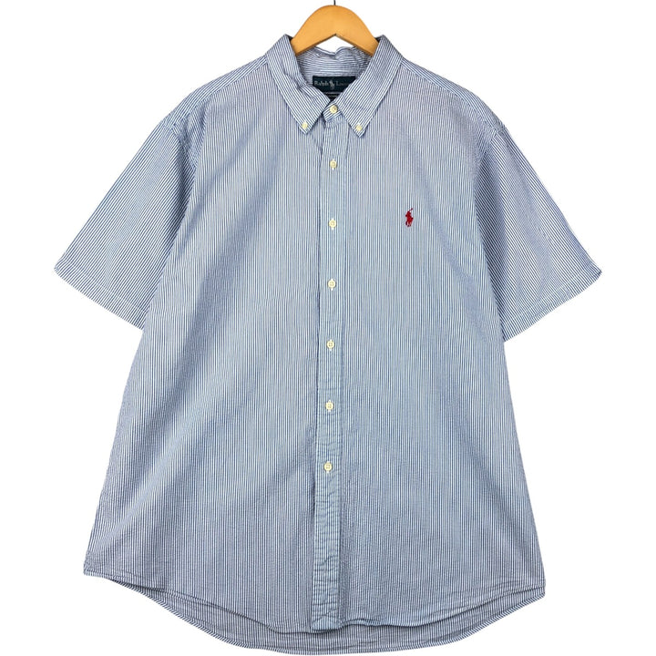 Ralph Lauren Custom Fit Seersucker Short Sleeve Button-Down Striped Shirt, Men's XXL cotton blue type Vintage Second Hand