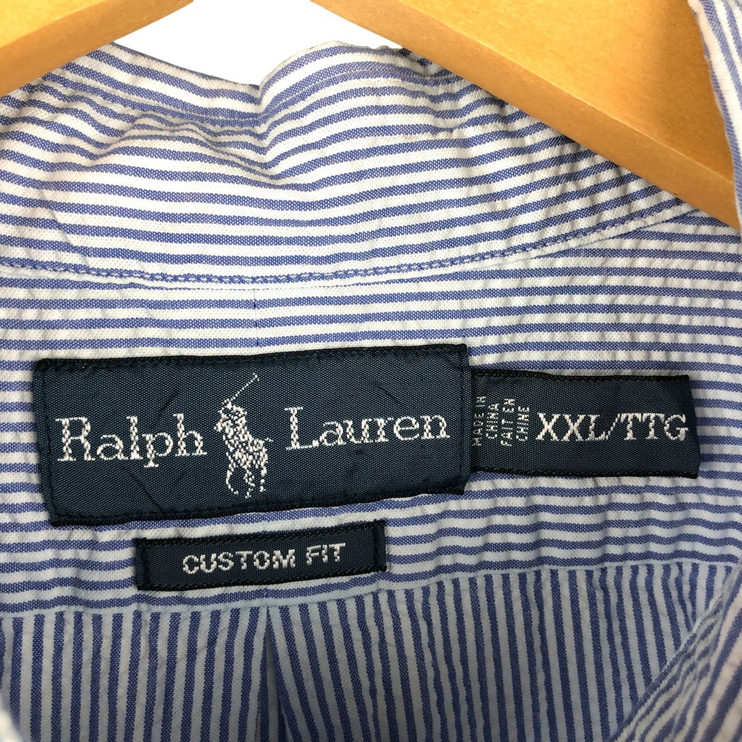 Ralph Lauren Custom Fit Seersucker Short Sleeve Button-Down Striped Shirt, Men's XXL cotton blue type Vintage Second Hand