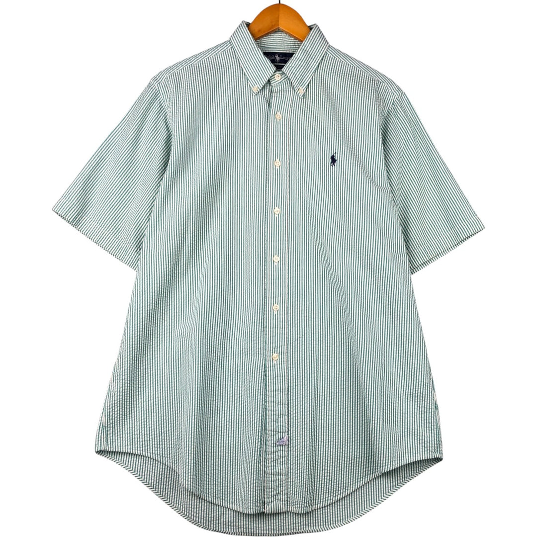 Ralph Lauren Seersucker Short Sleeve Button-Down Striped Shirt, Men's Size L cotton green type Vintage Second Hand