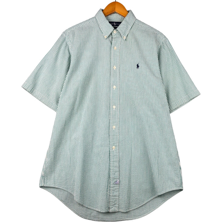 Ralph Lauren Seersucker Short Sleeve Button-Down Striped Shirt, Men's Size L cotton green type Vintage Second Hand