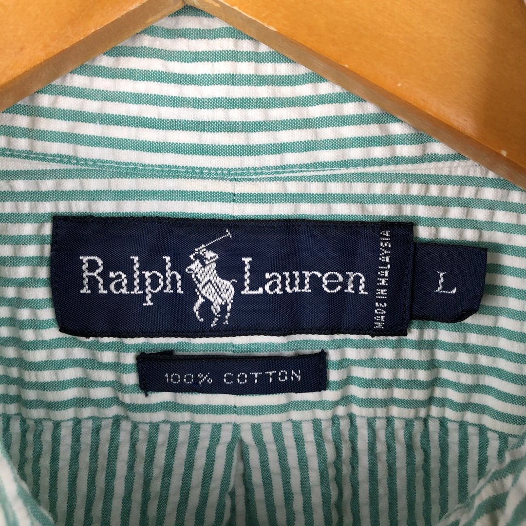 Ralph Lauren Seersucker Short Sleeve Button-Down Striped Shirt, Men's Size L cotton green type Vintage Second Hand