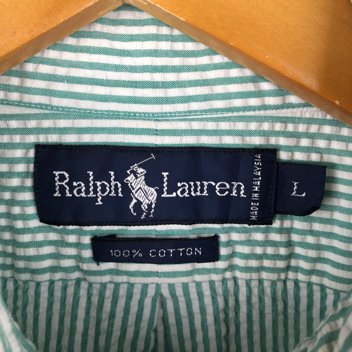 Ralph Lauren Seersucker Short Sleeve Button-Down Striped Shirt, Men's Size L cotton green type Vintage Second Hand