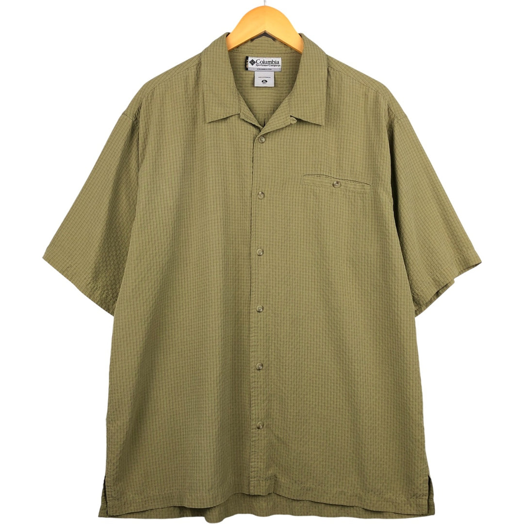 Columbia Check Pattern Short Sleeve Open Collar Polyester Box Shirt, Men's XL Polynosic Khaki type Vintage Second Hand
