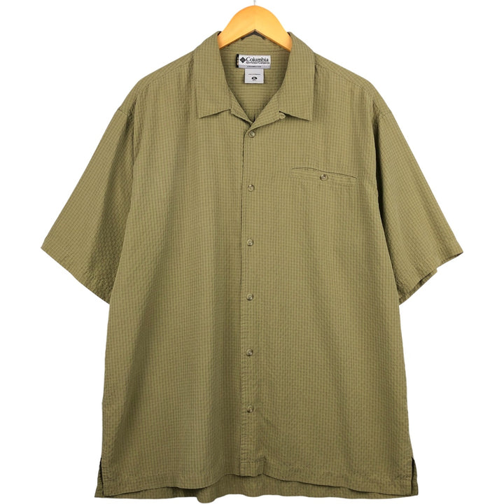 Columbia Check Pattern Short Sleeve Open Collar Polyester Box Shirt, Men's XL Polynosic Khaki type Vintage Second Hand