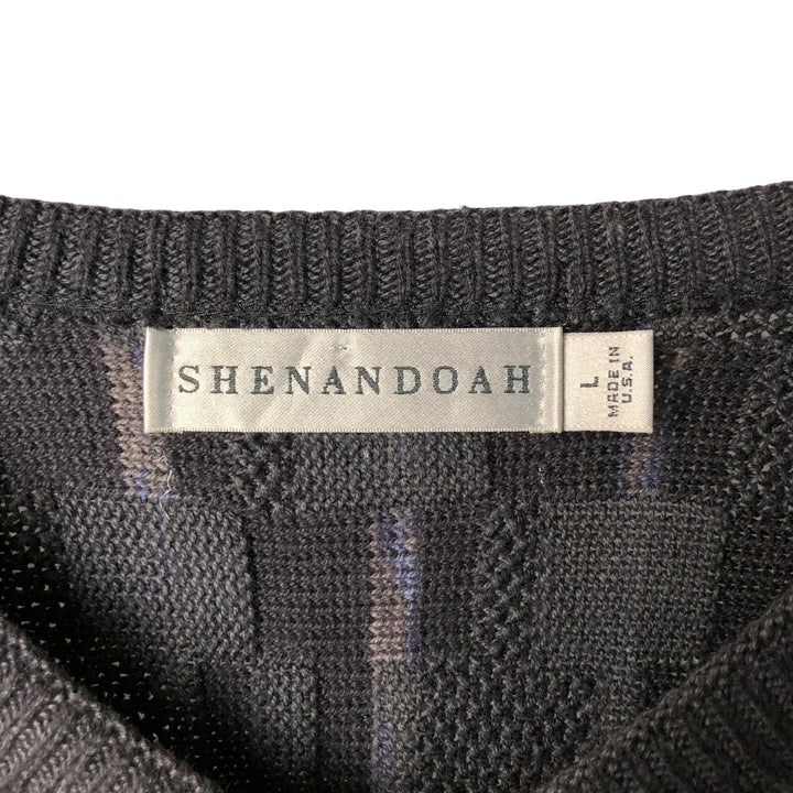 SHENANDOAH All-Over Print V-Neck Knit Sweater, Made in USA, Men's Size L unclear black type Vintage Second Hand