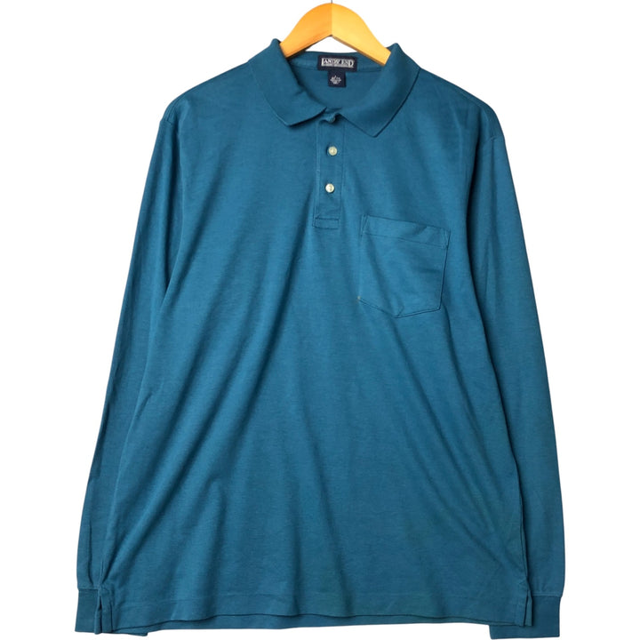 2000'S LAND'S END long sleeve polo shirt, men's size L cotton turquoise blue Vintage Second Hand