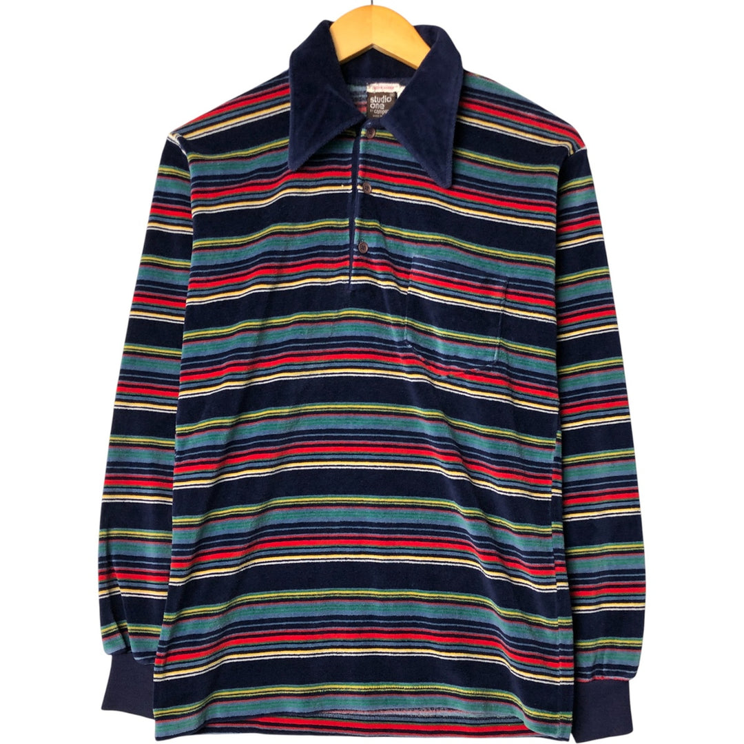Vintage 1980'S Campus Studio One terry cloth long-sleeved striped polo shirt, made in the USA, size M, men's. unclear navy blue type Vintage Second Hand