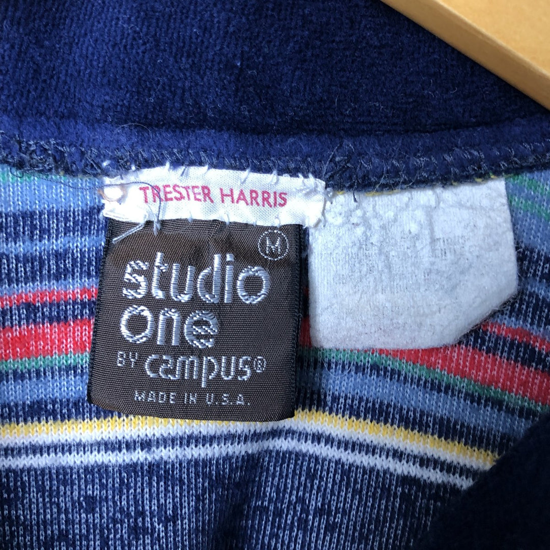 Vintage 1980'S Campus Studio One terry cloth long-sleeved striped polo shirt, made in the USA, size M, men's. unclear navy blue type Vintage Second Hand