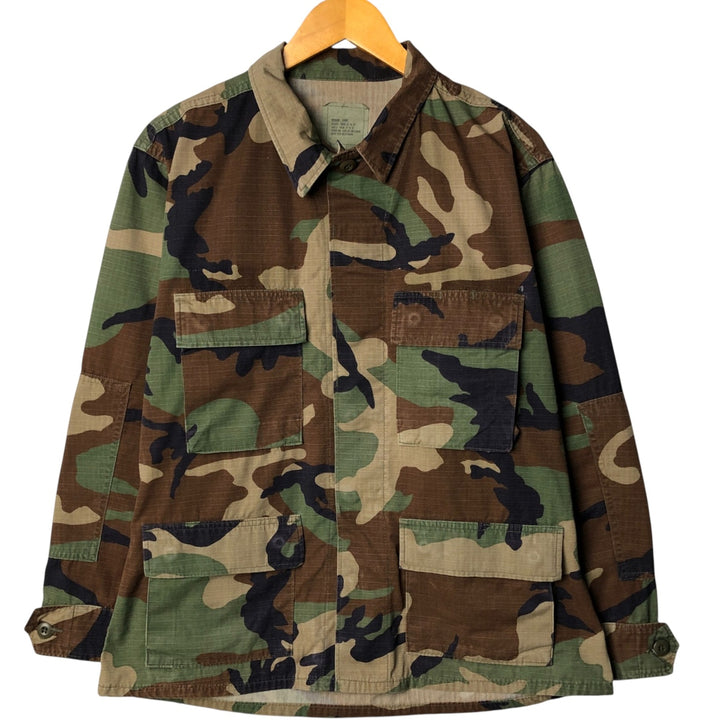 90'S US Military Camouflage Pattern Woodland Camo Ripstop BDU Military Jacket Made in USA MEDIUM-SHORT Men's M Nylon Khaki type Vintage Second Hand
