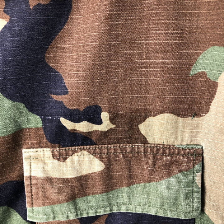 90'S US Military Camouflage Pattern Woodland Camo Ripstop BDU Military Jacket Made in USA MEDIUM-SHORT Men's M Nylon Khaki type Vintage Second Hand