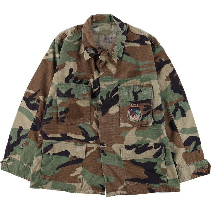 90'S US Military Camouflage Pattern Woodland Camo Patch BDU Ripstop Military Jacket, Made in USA, Medium-Short Nylon Khaki type Vintage Second Hand